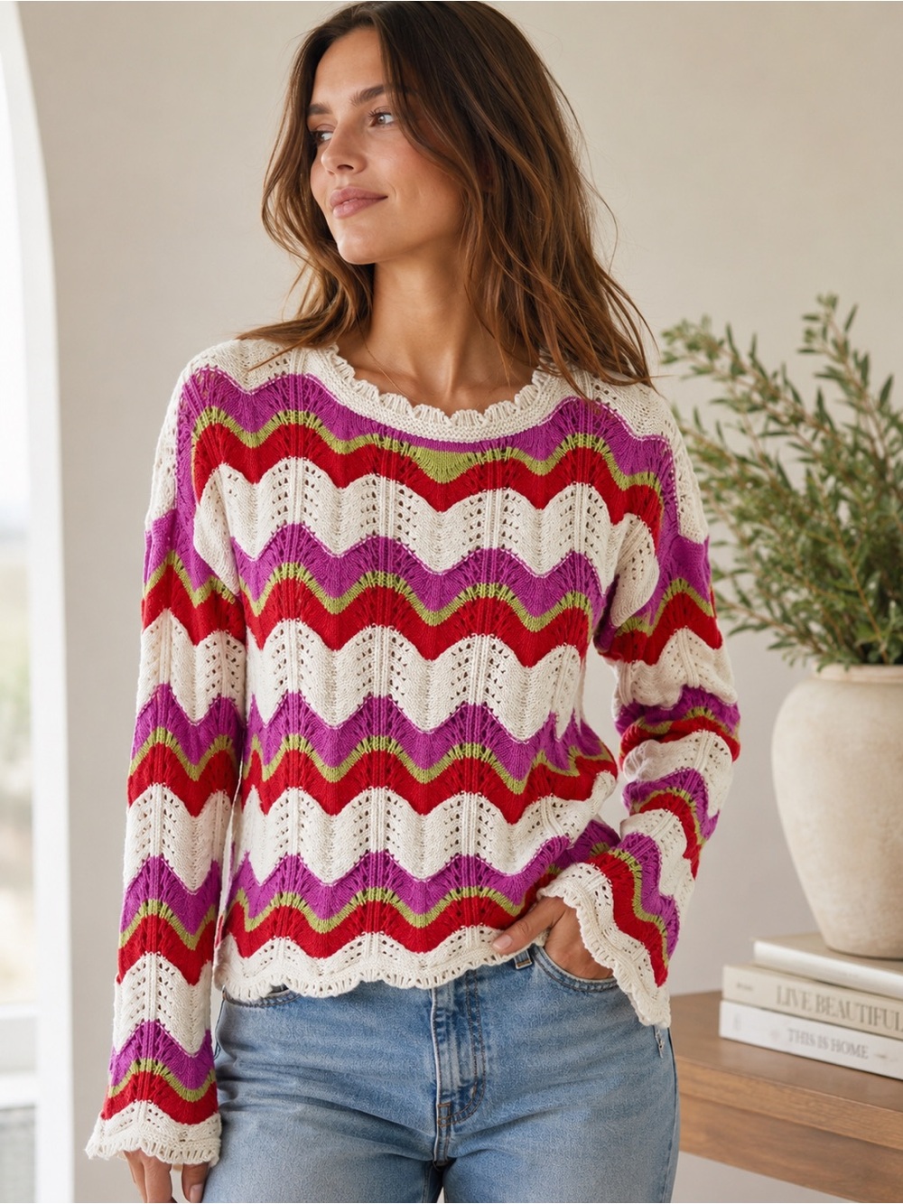 Design History White Wave Combo Chevron Knit Sweater with Pink, purple & Olive